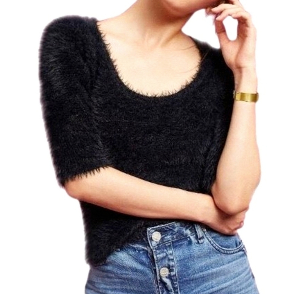 Anthropologie Knitted & Knotted Black Soft Faux Fur 1/2 Sleeve Sweater, Size XS